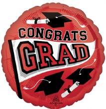 School Spirit Congrats Grad Round, Red • Standard Size 18" Mylar Helium Balloon