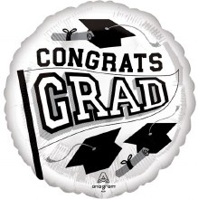 School Spirit Congrats Grad Round, White • Standard Size 18" Mylar Helium Balloon