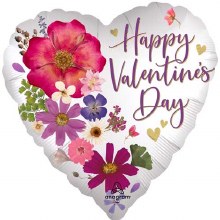 Happy Valentine's Day, Floral Satin Heart Shape • Standard Size 18in. Mylar Helium Balloon