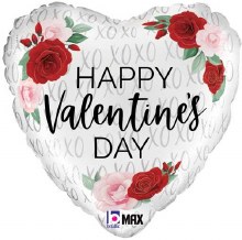 Happy Valentine's Day, White Heart Shape w/ XOXO Roses • Standard Size 18in. Mylar Helium Balloon