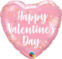 Happy Valentine's Day, Pink & Gold Heart Shape • Standard Size 18in. Mylar Helium Balloon