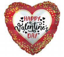 Happy Valentine's Day. Red Heart Shape w/ Gold Confetti • Standard Size 18in. Mylar Helium Balloon