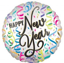 Happy New Year, Neon Satin Confetti • Standard Size 18" Mylar Helium Balloon