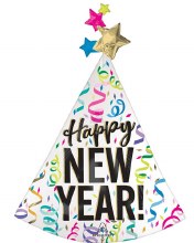 Happy New Year, Neon Satin Confetti Hat • Jumbo 36" Mylar Helium Balloon