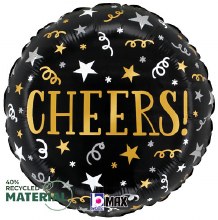 Cheers, Black Confetti • Standard Size 18" Mylar Helium Balloon