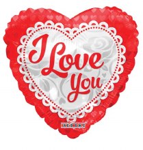 I Love You, Red Heart Shape w/ Lace • Standard 18in. Mylar Helium Balloon