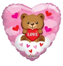 Teddy Bear Love Heart Shape • Standard Size 18in. Mylar Helium Balloon