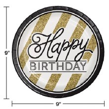 Black & Gold Happy Birthday 9in Plates 8ct