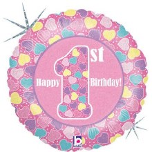 18" Happy 1st Birthday ~ Holographic Pink