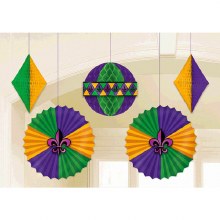 Mardis Gras Honeycomb & Fan Decor 5pc
