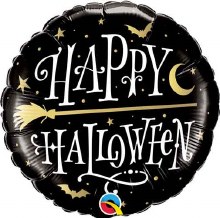 Standard Size / Golden Broomstick / Happy Halloween Mylar ~ 18"