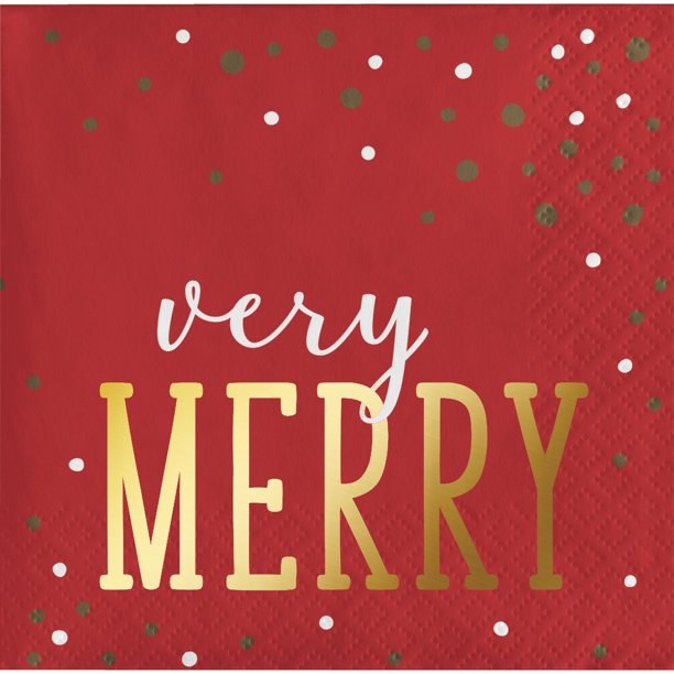 Very Merry Foil Beverage Napkin ~ 16 Pack