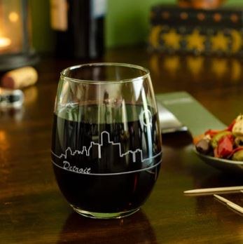 15oz Stemless - Wine Glass - Detroit Skyline