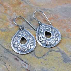 Flower Teardrop Washer Impressed Earrings