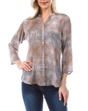 APNY 544P Mandarin Blouse L Taupe Abstract Print