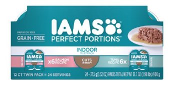 IAMS Perfect Portions Indoor Cat Formula Grain Free Salmon and Tuna Cuts in Gravy Variety Pack Wet Cat Food case of 12, 2.6oz Trays