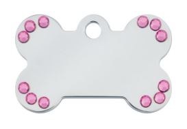 Dog Tag Bone Shape, Chrome with Pink Stones, Small