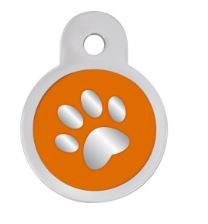 Dog Tag Circle Shape, Chrome Paw Print with Orange Background, Small