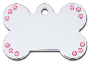 Dog Tag Bone Shape, Chrome Bone with Pink Crystals, Large