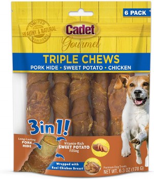 Cadet Triple Chews with Pork Hide, Sweet Potato, and Chicken Dog Treats, 6 count