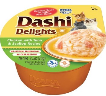 Inaba Dashi Delights Flakes in Broth, Chicken, Tuna and Scallop, Wet Cat Food, 2.5oz