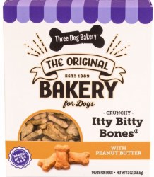 Three Dog Bakery Itty Bitty Bones Dog Cookies, Dog Treats, Peanut Butter/Vanilla, 13oz