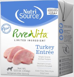 NutriSource Pure Vita Grain Free Turkey Entree Tetra Pack, Wet Dog Food, Case of 12, 12.5oz