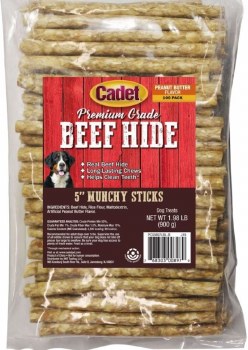Cadet Gourmet Munchy Rawhide Sticks, Peanut Butter, 5 inch, 100 Count