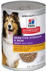 Hills Science Diet Sensitive Skin and Stomach Adult Formula Chicken and Vegetables Recipe Canned, Wet Dog Food, 12.8oz