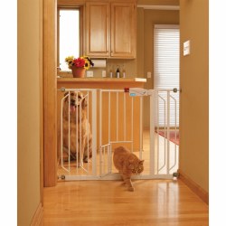 Carlson Expandable Extra Wide Pet Gate with Slide Handle and Small Pet Door, White, 30 x 29-51