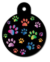 Dog Tag Circle Shape, Multi Colored Paws on Black Background, Large