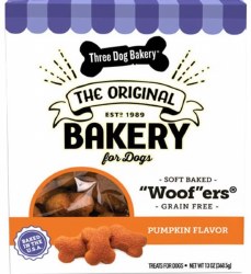 Three Dog Bakery Grain Free Soft Baked Pumpkin Flavored Woofers, case of 6, 13oz