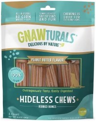 Gnawturals Hideless Chews Ribbed Bone, Peanut Butter, medium, 5 count