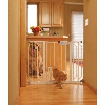 Carlson Expandable Extra Wide Pet Gate with Slide Handle and Small Pet Door, White, 30 x 29-51