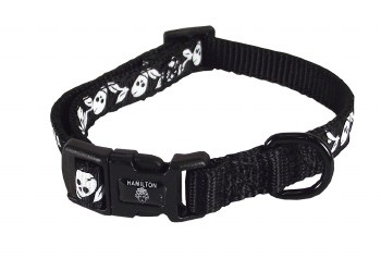 Hamilton Adjustable Dog Collar, 3/8 inch x 7-12 inch, Skull and Rose Black