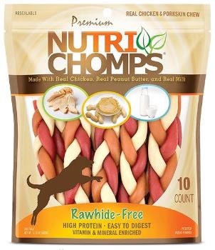 Nutri Chomps Mixed Flavor Braid Dog Treat, Digestible Dog Chews, 10 count, 6 inch