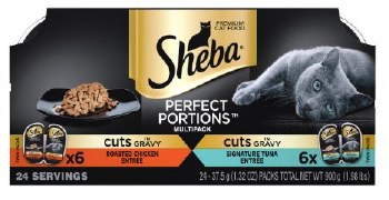 Sheba Perfect Portions Cuts in Gravy Variety Pack with Chicken and Tuna Grain Free Wet Cat Food case of 12, 2.6oz Twin Packs