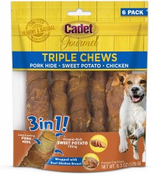 Cadet Triple Chews with Pork Hide, Sweet Potato, and Chicken Dog Treats, 6 Count