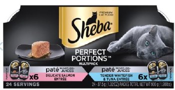 Sheba Perfect Portions Pate in Natural Juices Variety Pack with Salmon, Tuna, and Whitefish Grain Free Wet Cat Food, case of 12, 2.6oz Twin Packs