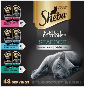 Sheba Perfect Portions Pate in Natural Juices Variety Pack with Salmon, Tuna, and Whitefish Grain Free Wet Cat Food, case of 24, 2.6oz Twin Packs