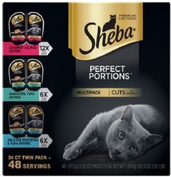 Sheba Perfect Portions Cuts in Gravy Variety Pack with Salmon, Chicken, and Tuna Grain Free Wet Cat Food case of 24, 2.6oz Twin Packs