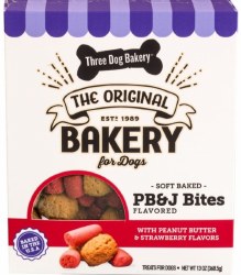 Three Dog Bakery PB&J Bites Soft Baked Cookies, Dog Treats, Peanut Butter/strawberry, 13oz