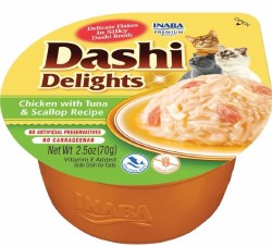 Inaba Dashi Delights Flakes in Broth, Chicken, Tuna and Scallop, Wet Cat Food, 2.5oz
