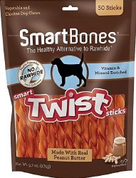 Smartbones Twist Sticks Peanut Butter 50 Pack Rawhide Free Dog Chews