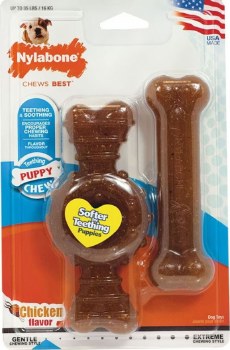 Nylabone Puppy Chew Ring and Bone Nylon Dog Chew Toys, Chicken Flavor, Wolf, Dog Dental Health, 2 count