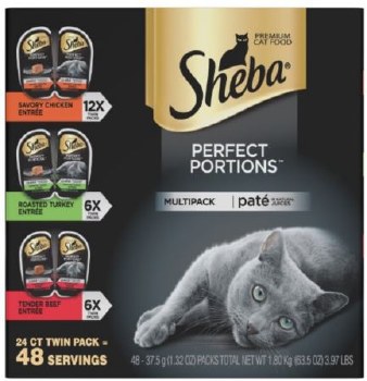 Sheba Perfect Portions Pate Variety Pack with Beef, Turkey, and Chicken Grain Free Wet Cat Food, case of 24, 2.6oz Twin Packs