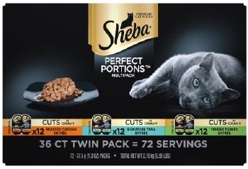 Sheba Perfect Portions Cuts in Gravy  Variety Pack with Chicken, Tuna, and Turkey Wet Cat Food Case of 36, 2.6oz Twin Packs