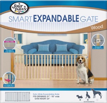 Four Paws Smart Expandable Extra Wide Wooden Pet Gate, 24 inch x 51-93 inch