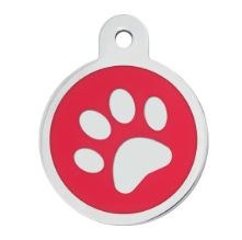 Dog Tag Circle Shape, Chrome Paw Print with Red Background, Large