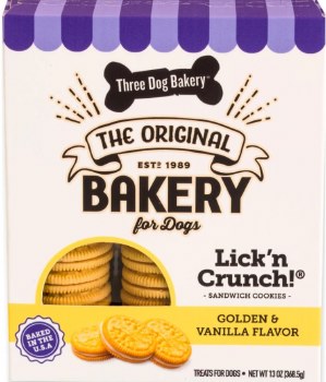 Three Dog Bakery Lick N' Crunch Sandwhich Cookies, Golden Vanilla Flavor, case of 6, 13oz